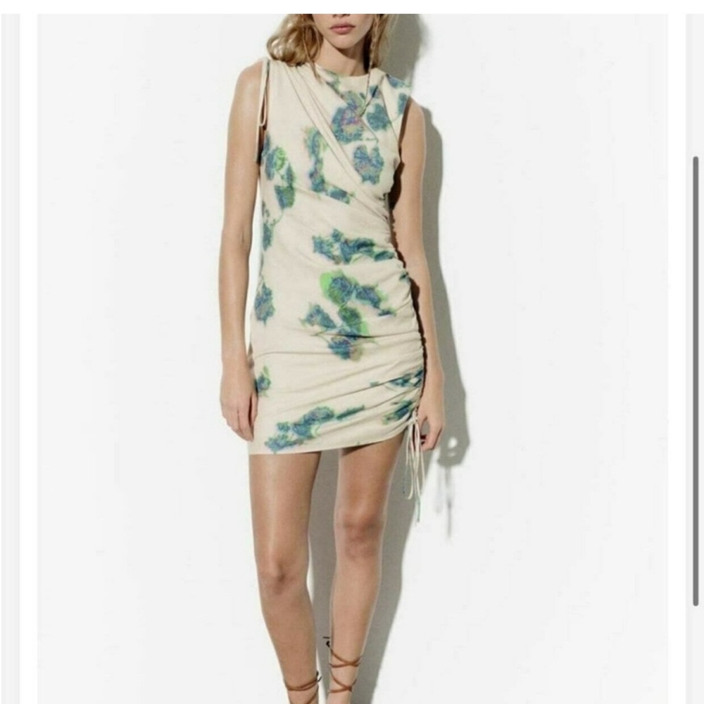 Zara NWT Limited Edition Printed Tie Dye Linen Blend Ruched Dress 2896/303 XS